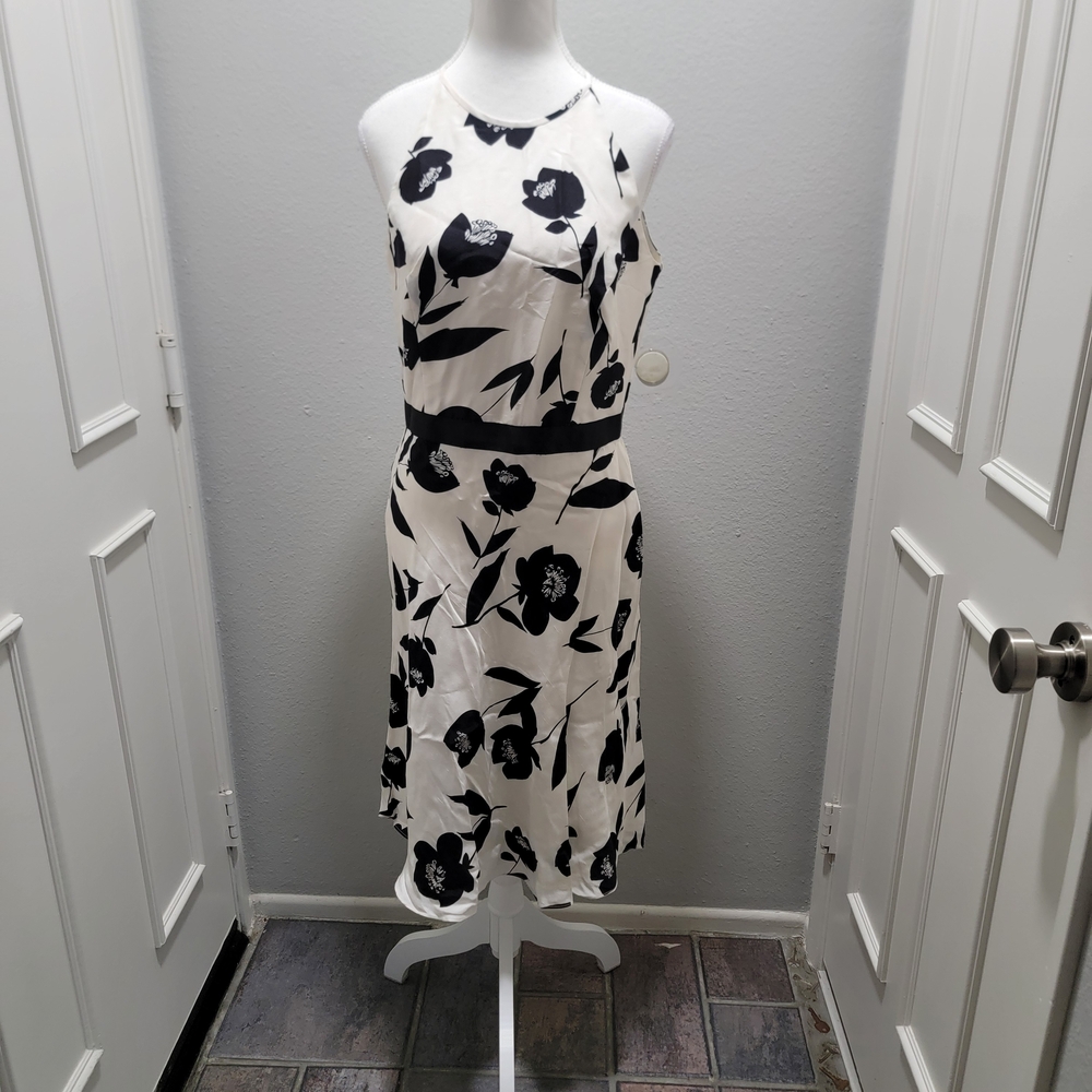 Ann Taylor White Midi Dress with Black Floral Print
